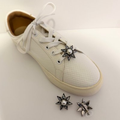 The ShoeLace Brand - Grey Crystal Pearl Silver, Elastic fit - Shoe Charm