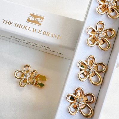 The ShoeLace Brand - Tina – Open Gold Flower Crystal Button Charm Gold