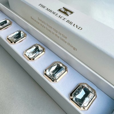 The ShoeLace Brand - Emma – White Crystal Rectangle Button Charm Gold