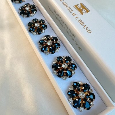 The ShoeLace Brand - Isabelle – Navy & White Flower Button Charm Gold