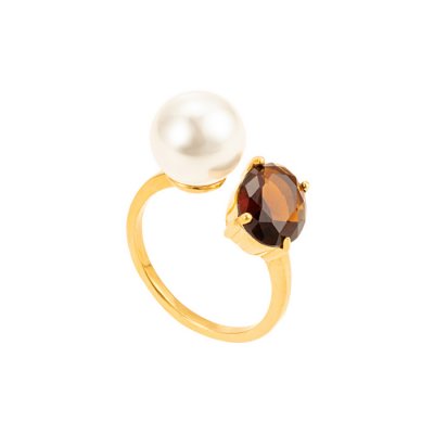 By Jolima - Pearl and Brown Stone ring Gold